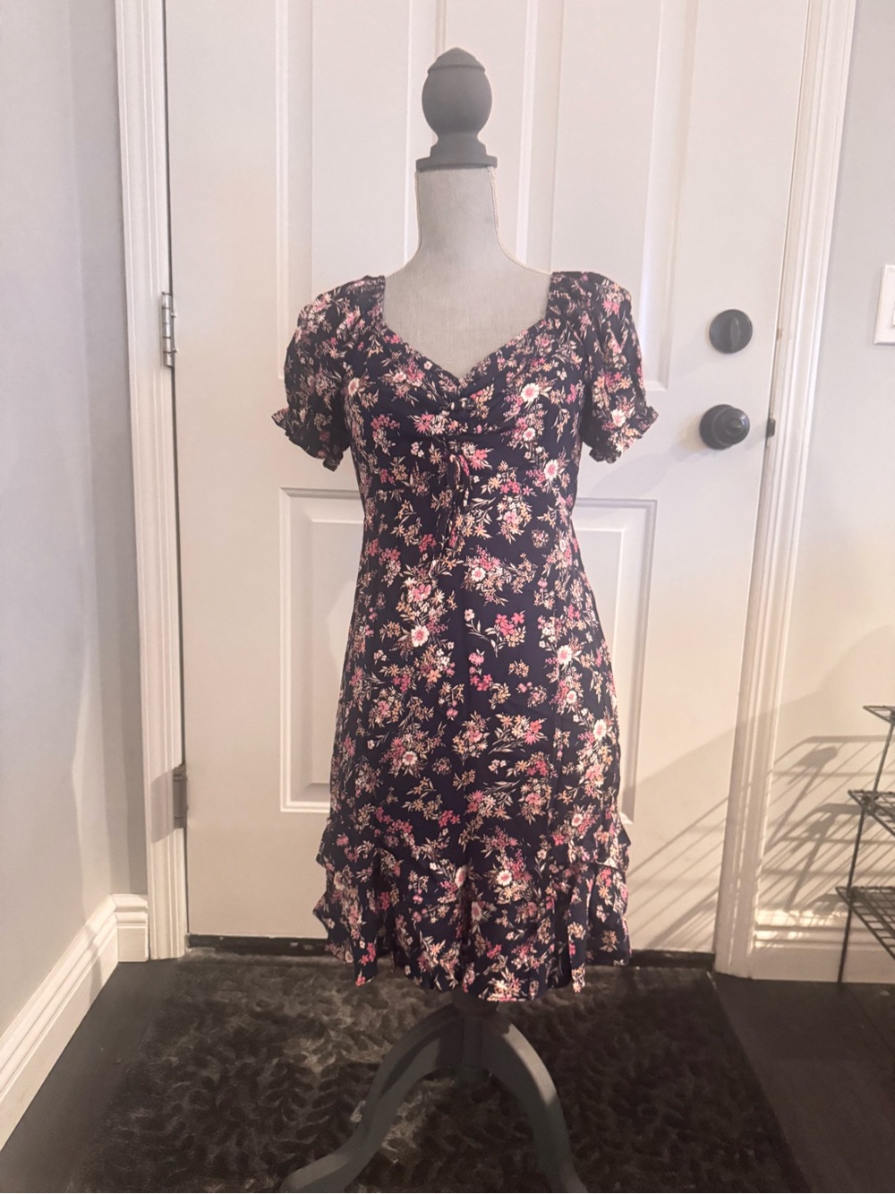 As U Wish Black Floral Mini Dress with Pink & Cream Blooms